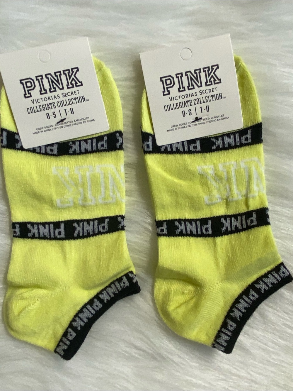 PINK Victoria's Secret Neon Yellow Ankle Socks with Black Trim